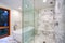 Sleek bathroom with freestanding bathtub and walk in shower