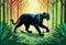 Sleek black panther prowls through a deep green forest