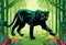 Sleek black panther prowls through a deep green forest