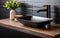 Sleek Black Vessel Sink and Faucet on Wooden Counter. Generative AI