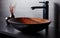 Sleek Black Vessel Sink and Faucet on Wooden Counter. Generative AI