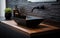 Sleek Black Vessel Sink and Faucet on Wooden Counter. Generative AI