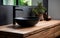 Sleek Black Vessel Sink and Faucet on Wooden Counter. Generative AI