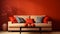 Sleek and chic modern living room interior with striking red tones and captivating wall art