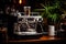 Sleek coffee machine elegantly brewing aromatic beverages in a cozy, dimly illuminated kitchen