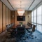 Sleek conference room with minimalist design, polished table, chairs, and ample natural light