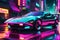 A sleek cyberpunk sports car navigating neon-lit city streets, aglow with futuristic radiance