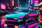 A sleek cyberpunk sports car navigating neon-lit city streets, aglow with futuristic radiance