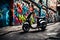 A sleek, electric scooter parked against a graffiti-covered wall in an urban alley