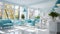 Sleek furniture, organized displays, blue white tones, bokeh blurred design in a modern pharmacy