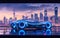 A sleek futuristic car gleams under neon lights in a vibrant cyberpunk cityscape, reflecting high-tech vibes and