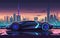 A sleek futuristic car gleams under neon lights in a vibrant cyberpunk cityscape, reflecting high-tech vibes and