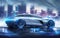 A sleek futuristic car gleams under neon lights in a vibrant cyberpunk cityscape, reflecting high-tech vibes and