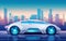 A sleek futuristic car gleams under neon lights in a vibrant cyberpunk cityscape, reflecting high-tech vibes and