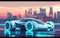 A sleek futuristic car gleams under neon lights in a vibrant cyberpunk cityscape, reflecting high-tech vibes and