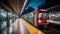 Sleek and futuristic modern subway train in motion with motion blurred cityscape background