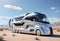 Sleek, futuristic motorhome parked in the vast desert. Ideal choice for futuristic travel concepts and cutting-edge lifestyle