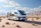 Sleek, futuristic motorhome parked in the vast desert. Ideal choice for futuristic travel concepts and cutting-edge lifestyle