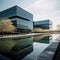 Sleek Glass Facades of Minimalist Office Building Amid Tranquil Water Feature
