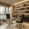 Sleek home office with a glass desk and minimalist shelving