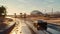 Sleek Hypercar Racing Through a Modern Desert Cityscape at Golden Hour with Blurred Motion Effect