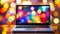 Sleek laptop on desk with vibrant abstract bokeh background and colorful abstract shapes