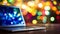 Sleek laptop on desk with vibrant bokeh background of abstract shapes and colorful patterns