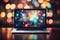 Sleek laptop on desk with vibrant bokeh background and abstract shapes, patterns, and colors