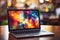 Sleek laptop on desk with vibrant bokeh background featuring abstract shapes and colors