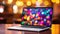 Sleek laptop with vibrant bokeh background on desk, featuring abstract shapes and colors