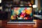 Sleek laptop with vibrant bokeh background on desk, featuring captivating shapes and colors