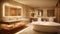 Sleek Light Grey Marble Bathroom with LED Lighting and Freestanding Tub. Generative ai