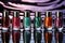 A sleek lineup of nail polish bottles against a black and white patterned background