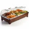 Sleek Metallic Buffet Display Case With Multicultural Fusion Food Items