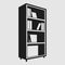 A sleek, minimalist bookcase in black and white color scheme filled with various books A minimalist bookshelf with slim, clean