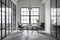 Sleek minimalist office with white and black accents, large window, and polished concrete floor