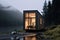 Sleek minimalist tiny house with warm interior lights stands in stark contrast to the misty, forested mountain landscape