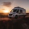 Sleek and Modern Camper Van Parked on a Quiet Country Road with Sunset