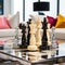 Sleek Modern Chess Set on White Marble Table - Vibrant Colors, Elegant Surroundings