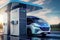 At a sleek and modern hydrogen fueling station, a compact minibus pulls up to refuel, symbolizing the shift towards a