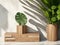 Sleek and Modern Wooden Podium Table with Brown Geometric Shapes, Green Banana Tree, and Leaf Shadows.