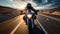 a sleek motorbike cruising down an empty, sunlit highway. The rider leans forward, fully immersed in the thrill of their