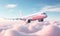 A sleek pink airplane glides gracefully against backdrop