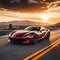 Sleek red sports car cruising down a highway at sunset, AI-generated.