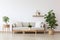 A sleek Scandinavian, japandi living room showcases a white sofa, wooden coffee table, and various potted plants. a