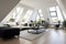 Sleek and sophisticated attic space with clean lines. White walls, minimalist furniture