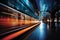 Sleek subway train in motion with futuristic cityscape backdrop, showcasing efficient transit