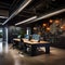 A sleek tech startup office with a 3D circuit board wall