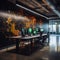 A sleek tech startup office with a 3D circuit board wall