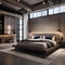 A sleek urban loft bedroom with concrete walls, exposed beams, and modern furnishings1